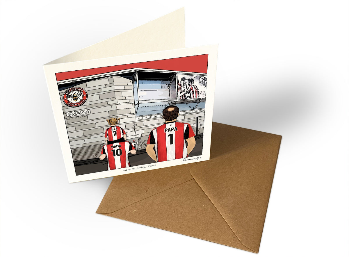 Personalised Brentford greeting card with MAMA, PAPA, Square Greeting Card at Gtech Community Stadium.