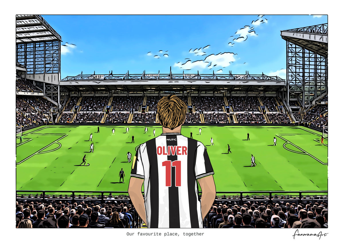 Personalised Newcastle United digital artwork with OLIVER, in game at St James’ Park.
