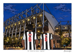 Personalised Newcastle United digital artwork with DAN, ZOE, stadium at night at St James’ Park.