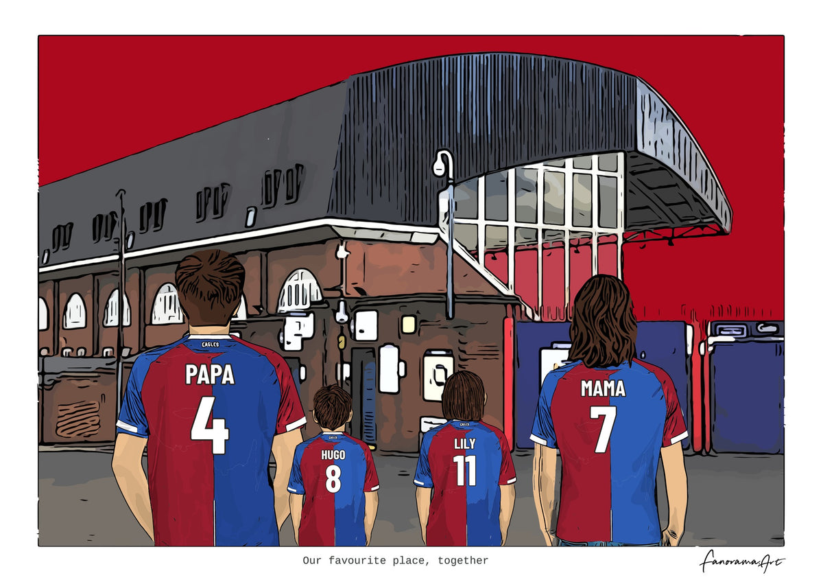 Personalised Crystal Palace digital artwork with PAPA, HUGO, LILY, MAMA, crystal palace selhurst park at Selhurst Park.
