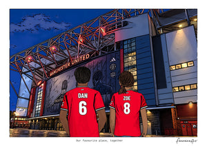 Personalised Manchester United digital artwork with DAN, ZOE, stadium at night at Old Trafford.