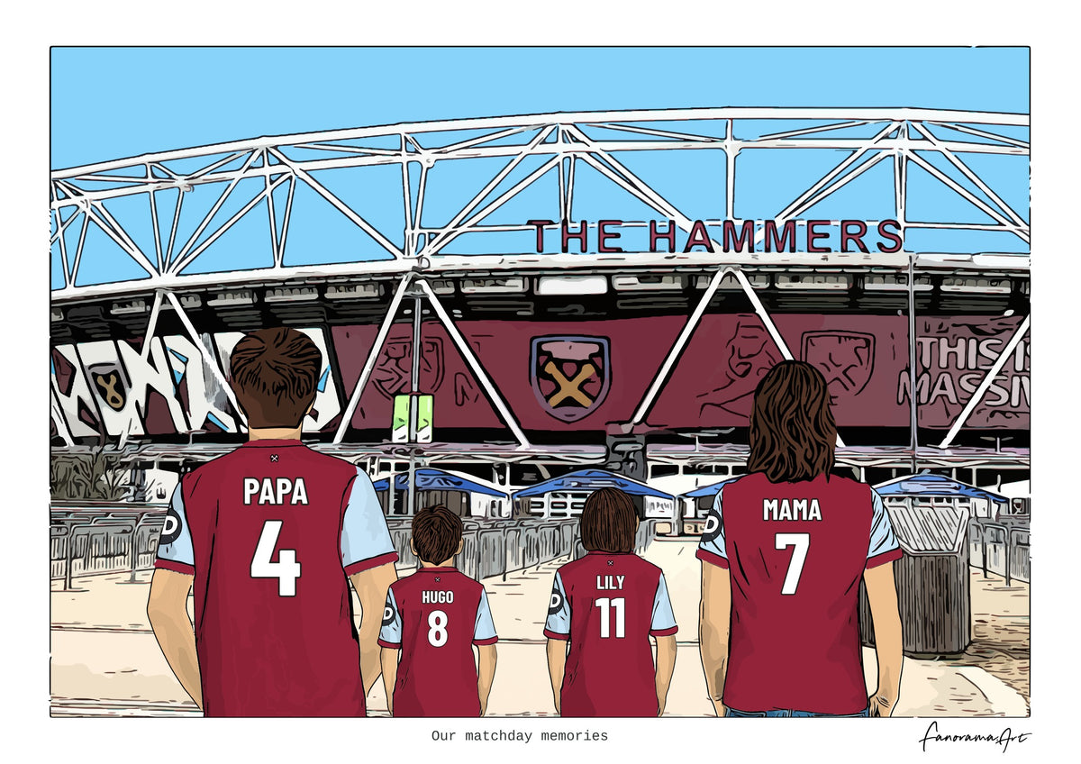 Personalised West Ham United digital artwork with PAPA, HUGO, LILY, MAMA, west ham united london stadium at London Stadium.