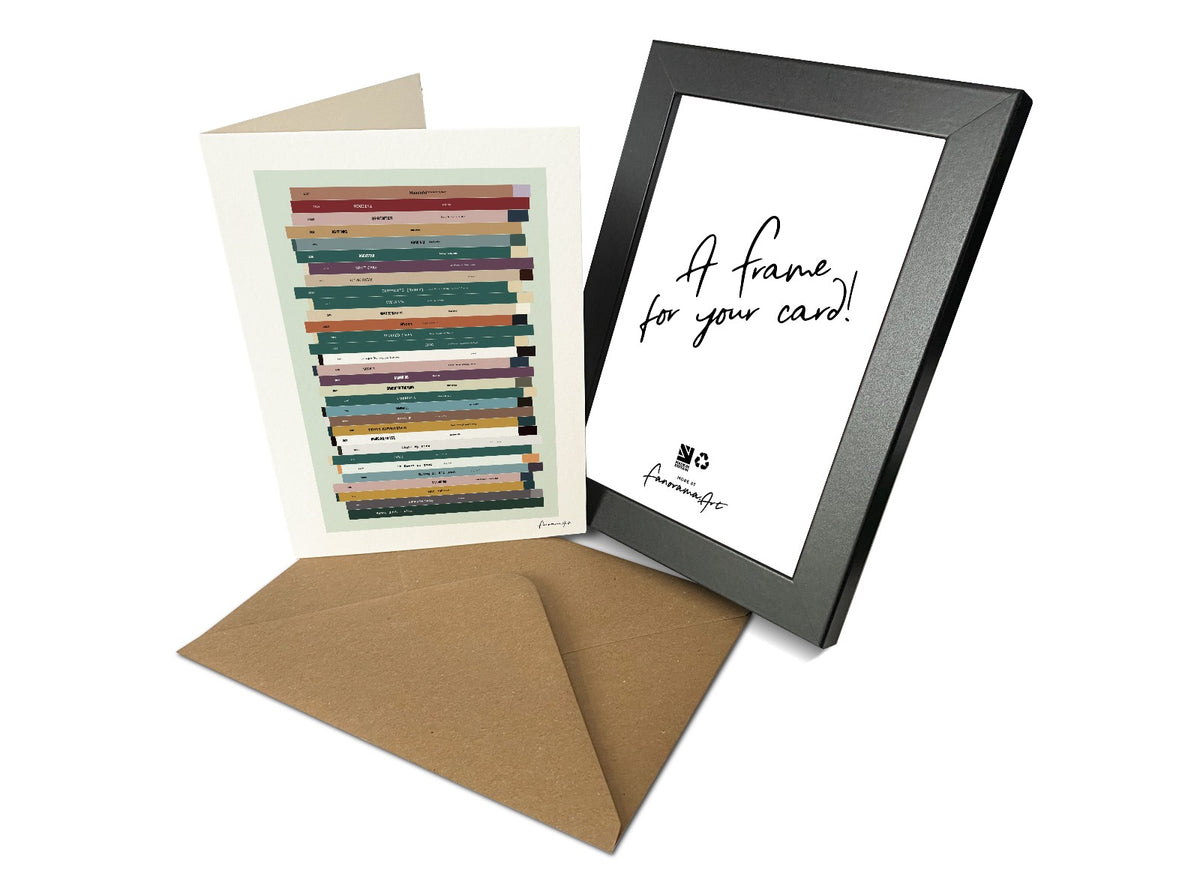 Personalised 30th birthday music card, born in 1996, shown as card portrait and frame with 30 colourful song spines and a birthday message.