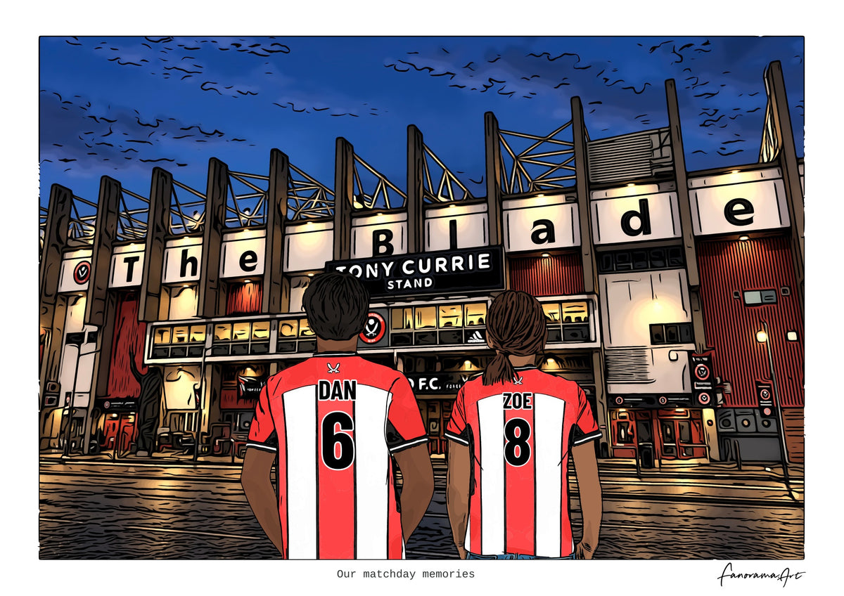 Personalised Sheffield United digital artwork with DAN, ZOE, stadium at night at Bramall Lane.