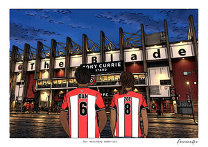 Personalised Sheffield United digital artwork with DAN, ZOE, stadium at night at Bramall Lane.