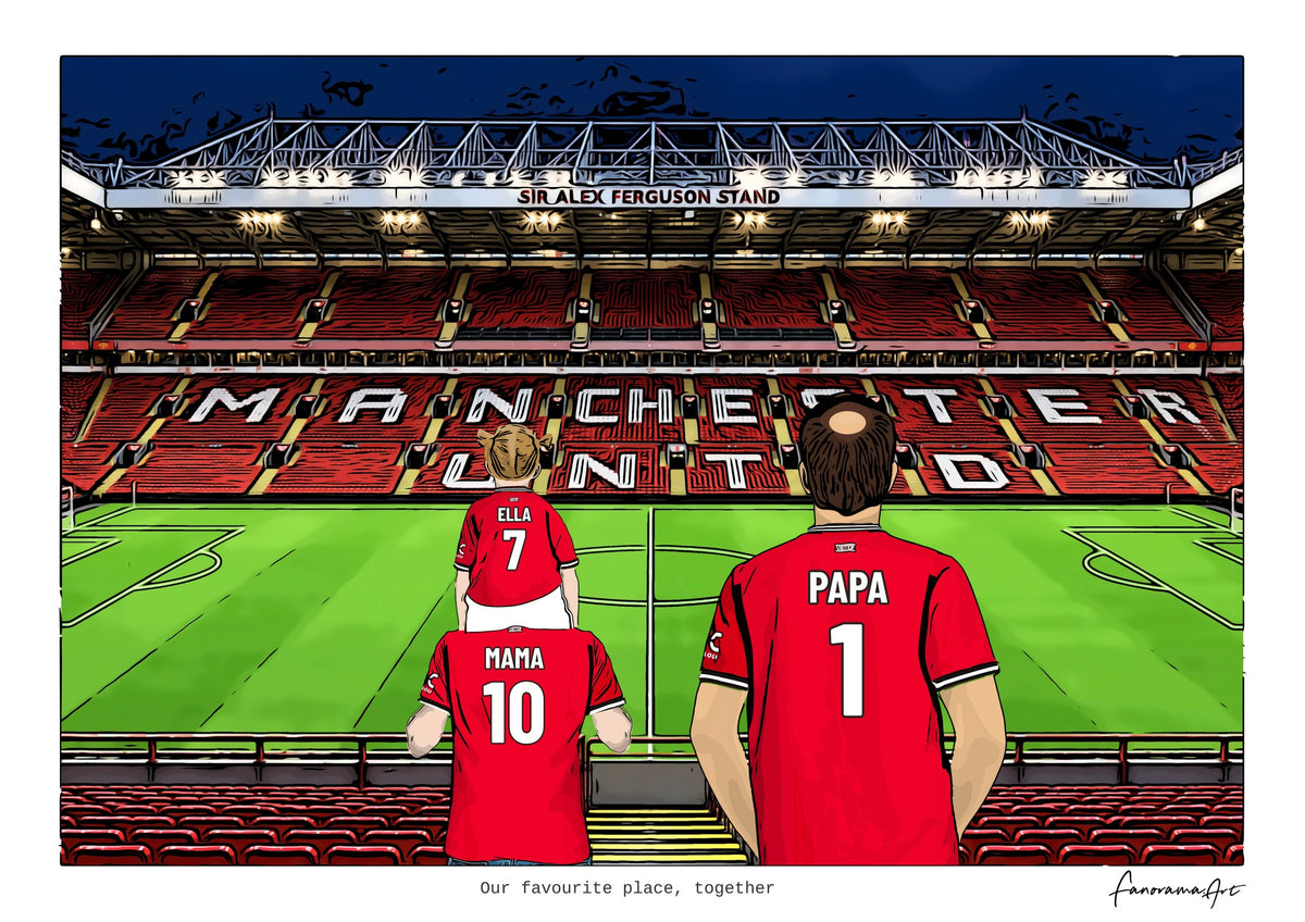 Personalised Manchester United digital artwork with MAMA, PAPA, pitch side at night at Old Trafford.