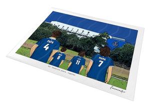 Personalised Everton print with PAPA, HUGO, LILY, MAMA, Print at Goodison Park.