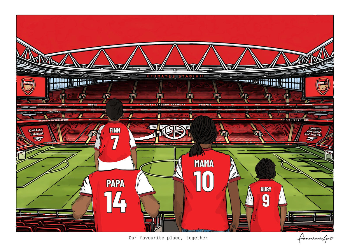 Arsenal digital artwork of a family with a child on shoulders, shown pitch side at the Emirates.