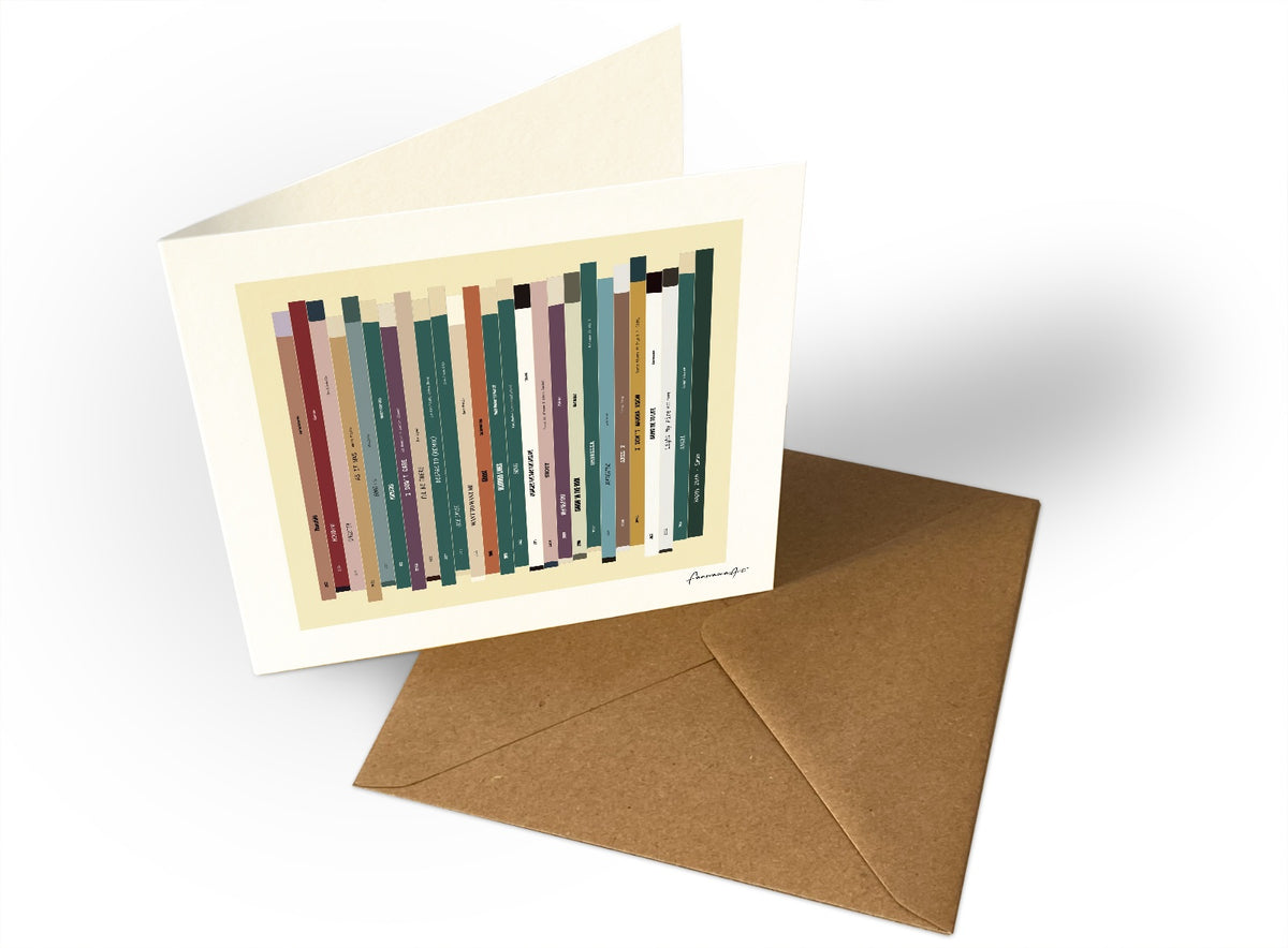 Personalised 25th birthday music card, born in 2001, shown as square greeting card with 25 colourful song spines and a birthday message.