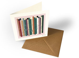 Personalised 18th birthday music card, born in 2008, shown as square greeting card with 18 colourful song spines and a birthday message.