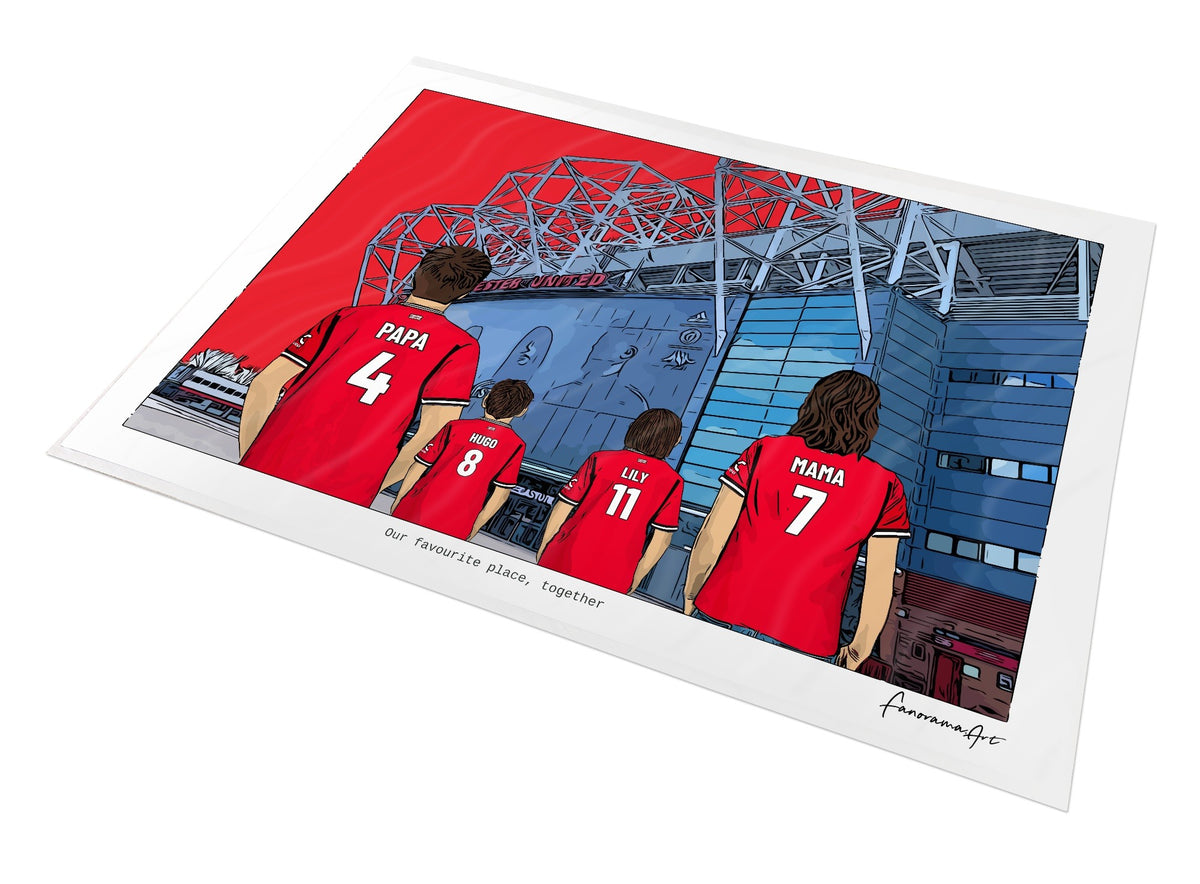 Personalised Manchester United print with PAPA, HUGO, LILY, MAMA, Print at Old Trafford.