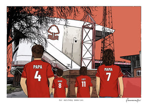 Personalised Nottingham Forest digital artwork with PAPA, HUGO, LILY, MAMA, nottingham forest the city ground at The City Ground.