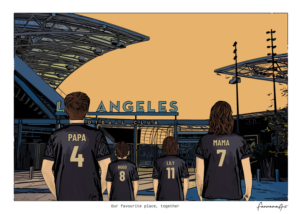 Personalised Los Angeles digital artwork with PAPA, HUGO, LILY, MAMA, los angeles bmo stadium at BMO Stadium.