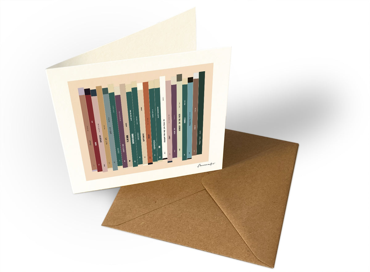 Personalised 21st birthday music card, born in 2005, shown as square greeting card with 21 colourful song spines and a birthday message.