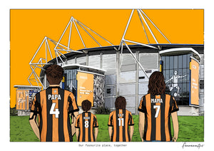 Personalised Hull City digital artwork with PAPA, HUGO, LILY, MAMA, hull city mkm stadium at MKM Stadium.