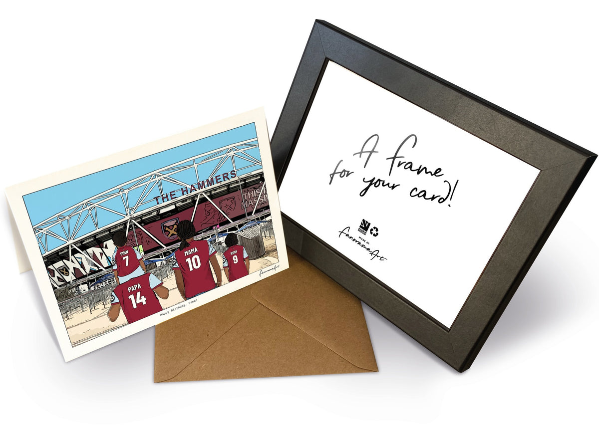 Personalised West Ham United greeting card with PAPA, MAMA, RUBY, 7x5" Greeting Card & Frame at London Stadium.