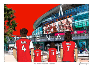 Personalised Arsenal digital artwork with Papa, Hugo, Lily and Mama at the Emirates Stadium.