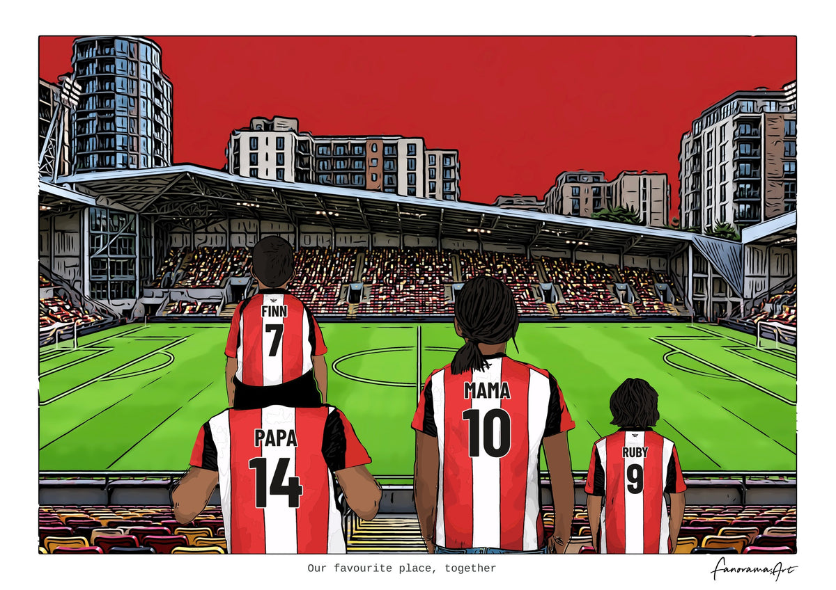 Personalised Brentford digital artwork with PAPA, MAMA, RUBY, pitch side at Gtech Community Stadium.