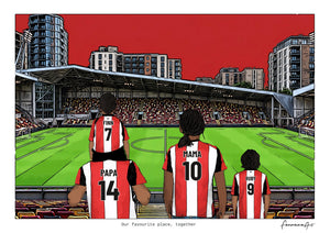 Personalised Brentford digital artwork with PAPA, MAMA, RUBY, pitch side at Gtech Community Stadium.