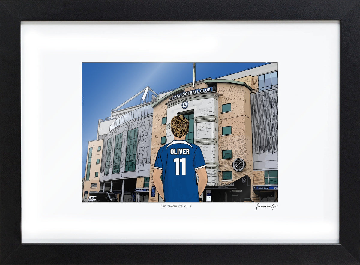 Personalised Chelsea print with OLIVER, Bordered Print & Frame at Stamford Bridge.