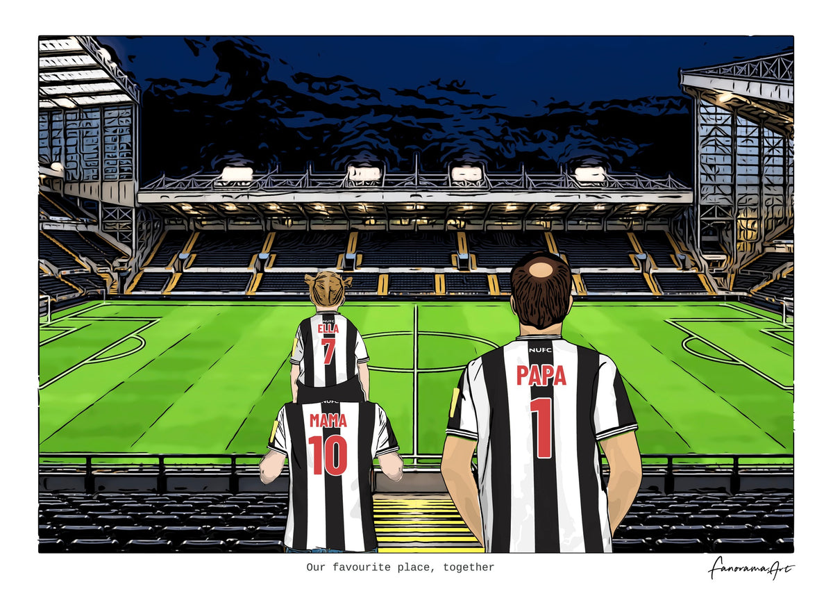 Personalised Newcastle United digital artwork with MAMA, PAPA, pitch side at night at St James’ Park.