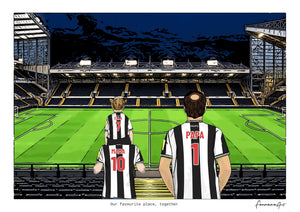 Personalised Newcastle United digital artwork with MAMA, PAPA, pitch side at night at St James’ Park.