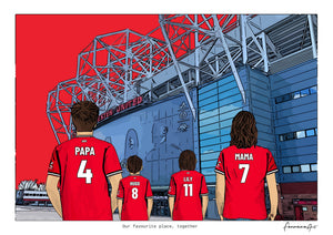 Personalised Manchester United digital artwork with PAPA, HUGO, LILY, MAMA, manchester united old trafford at Old Trafford.