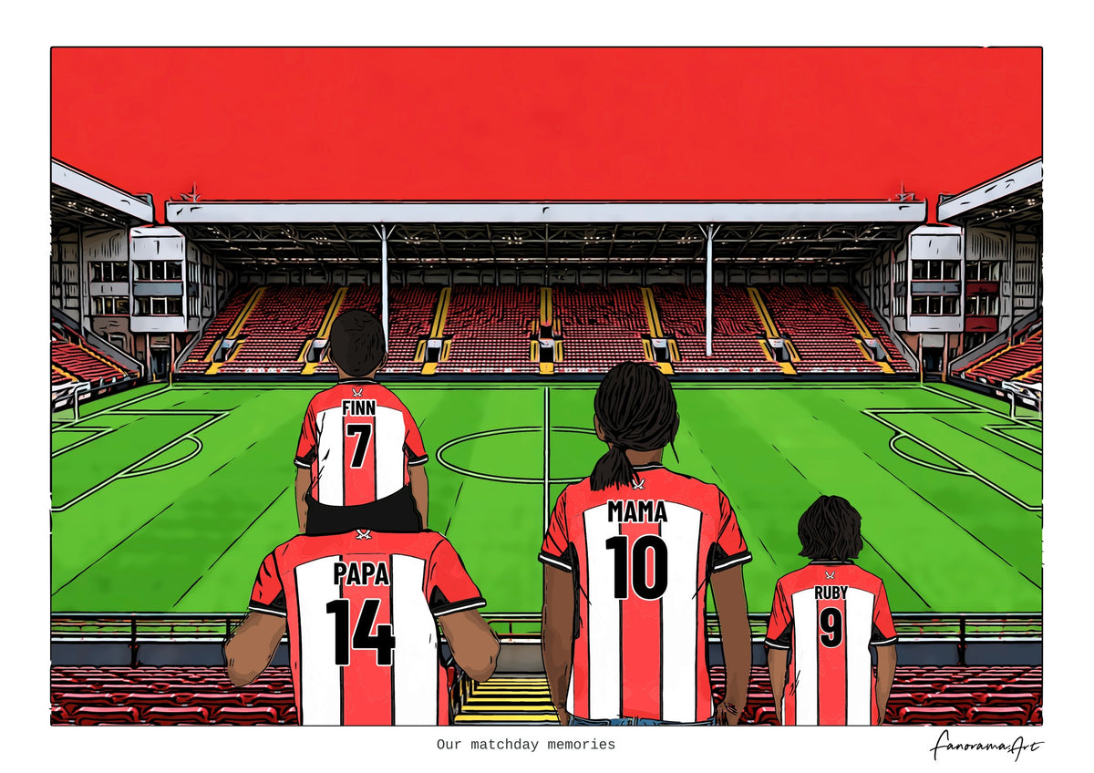 Personalised Sheffield United digital artwork with PAPA, MAMA, RUBY, pitch side at Bramall Lane.