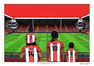 Personalised Sheffield United digital artwork with PAPA, MAMA, RUBY, pitch side at Bramall Lane.