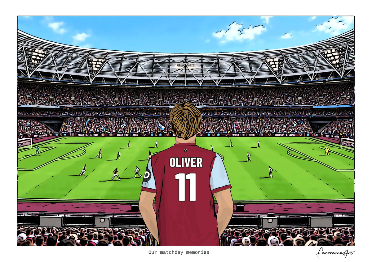 Personalised West Ham United digital artwork with OLIVER, in game at London Stadium.