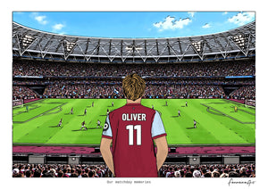 Personalised West Ham United digital artwork with OLIVER, in game at London Stadium.