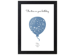 Birthday Star Print shown as portrait framed print, personalised with names and meaningful dates.