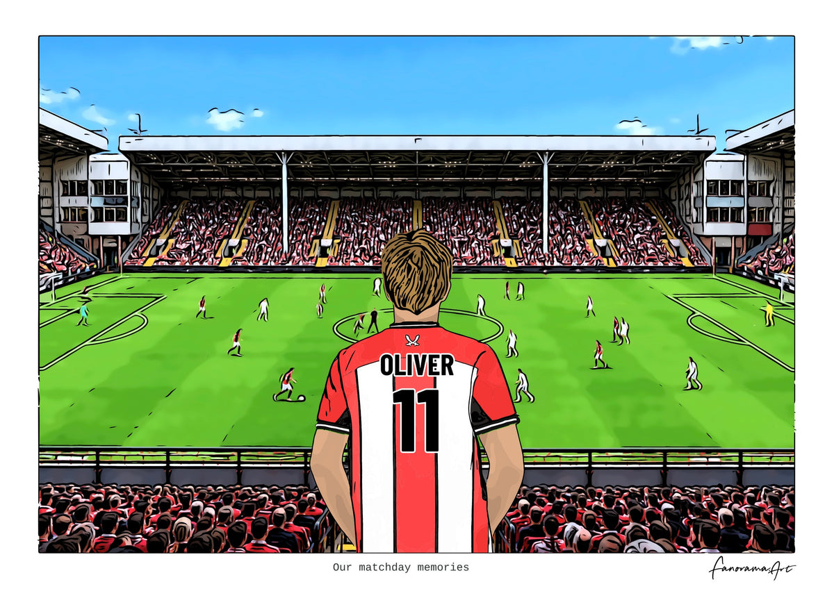 Personalised Sheffield United digital artwork with OLIVER, in game at Bramall Lane.