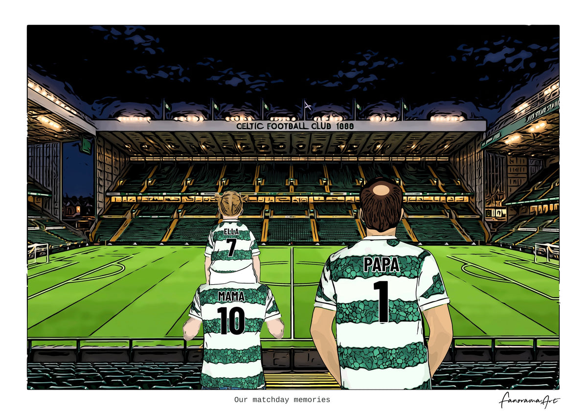 Personalised Celtic digital artwork with MAMA, PAPA, pitch side at night at Celtic Park.