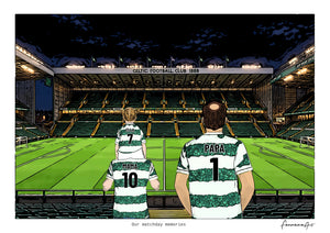 Personalised Celtic digital artwork with MAMA, PAPA, pitch side at night at Celtic Park.