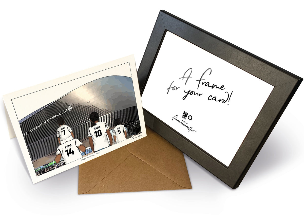 Personalised Real Madrid greeting card with PAPA, MAMA, RUBY, 7x5" Greeting Card & Frame at Santiago Bernabéu Stadium.