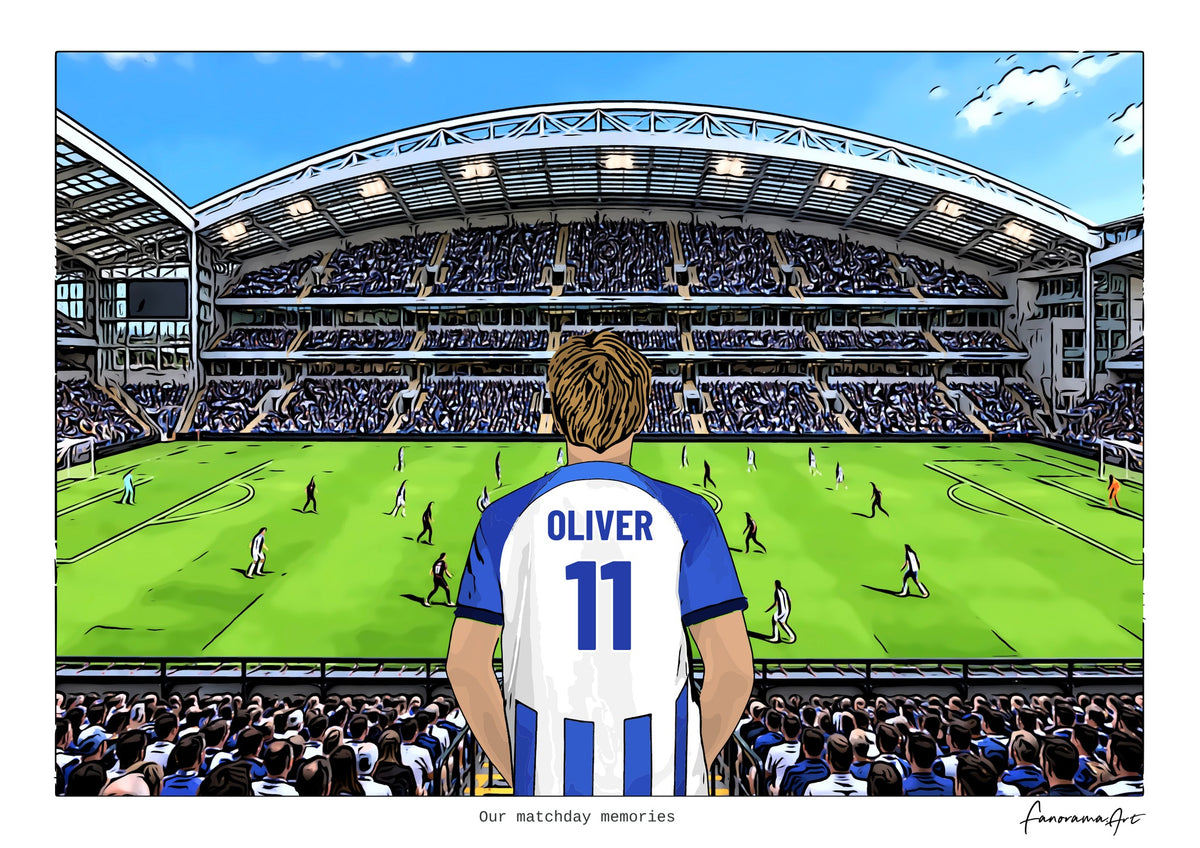 Personalised Brighton & Hove Albion digital artwork with OLIVER, in game at American Express Stadium.