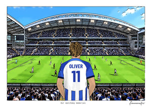 Personalised Brighton & Hove Albion digital artwork with OLIVER, in game at American Express Stadium.