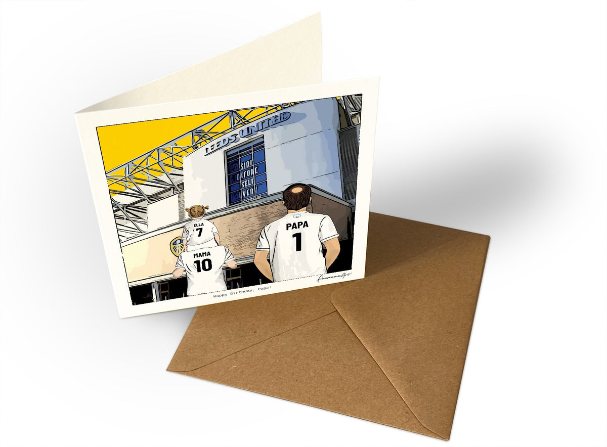 Personalised Leeds United greeting card with MAMA, PAPA, Square Greeting Card at Elland Road.