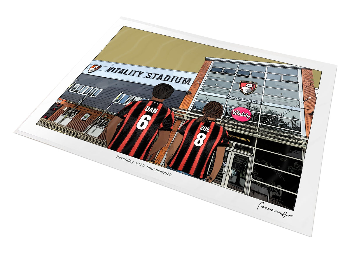 Personalised Bournemouth print with DAN, ZOE, Print at Vitality Stadium.