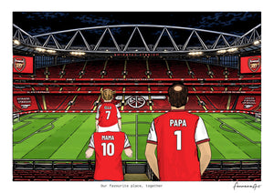 Arsenal digital artwork of Mama carrying Ella beside Papa, with the Emirates pitch at night.