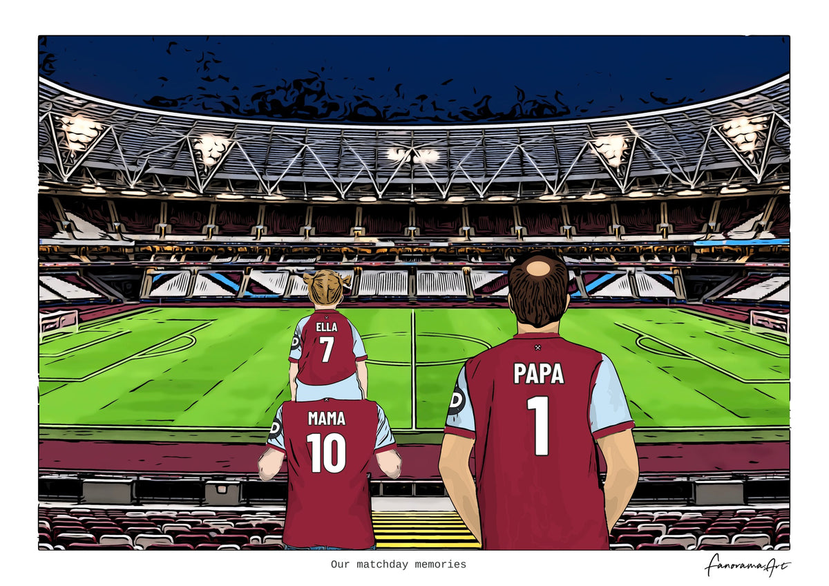 Personalised West Ham United digital artwork with MAMA, PAPA, pitch side at night at London Stadium.