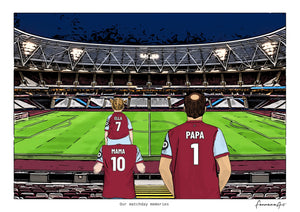 Personalised West Ham United digital artwork with MAMA, PAPA, pitch side at night at London Stadium.