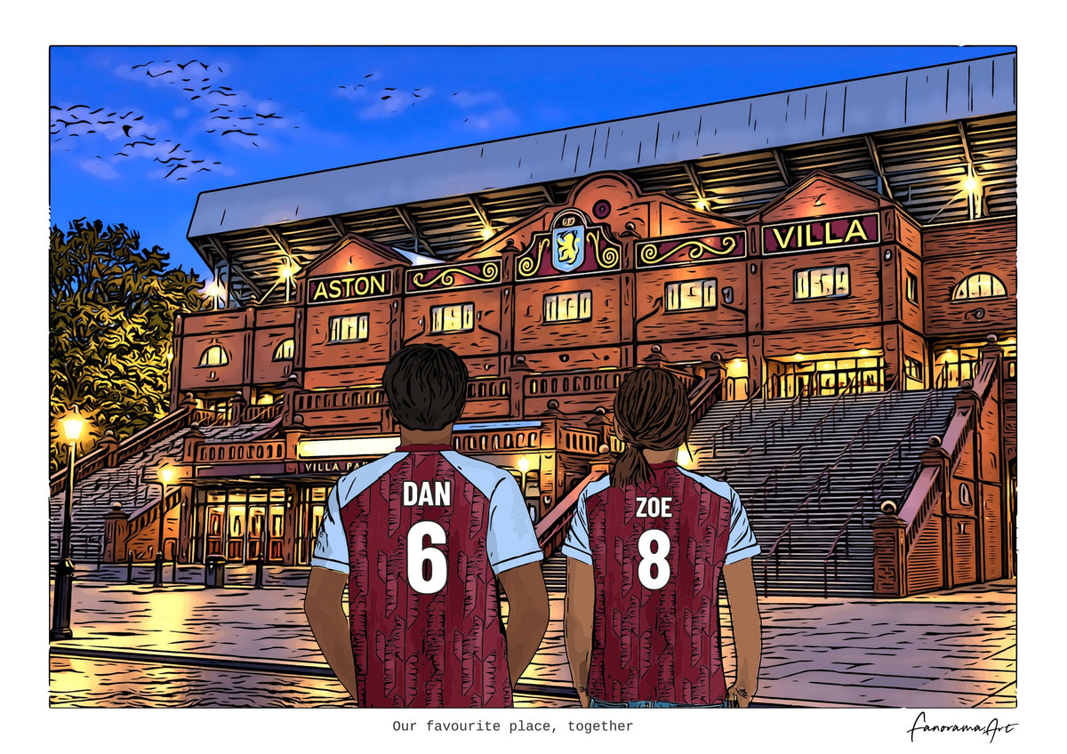 Personalised Aston Villa digital artwork with DAN, ZOE, stadium at night at Villa Park.
