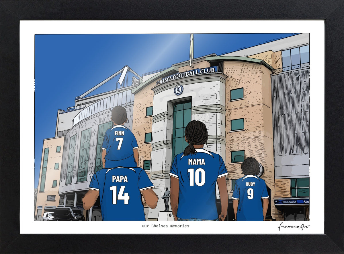 Personalised Chelsea print with PAPA, MAMA, RUBY, Print & Frame at Stamford Bridge.
