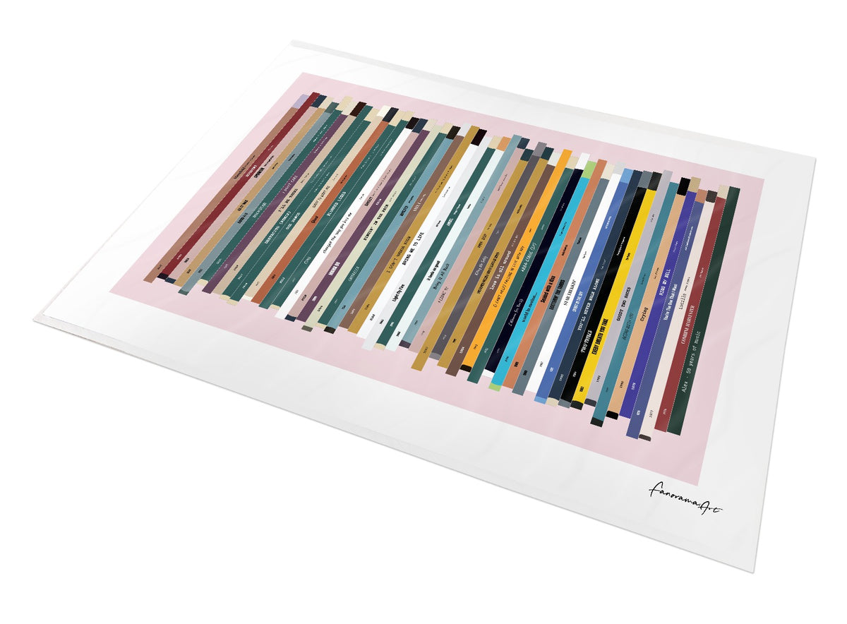 Landscape birthday number one music print with 50 colourful record spines, a pastel pink background and a personal message.