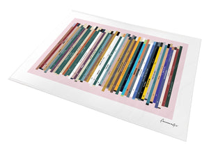 Landscape birthday number one music print with 50 colourful record spines, a pastel pink background and a personal message.