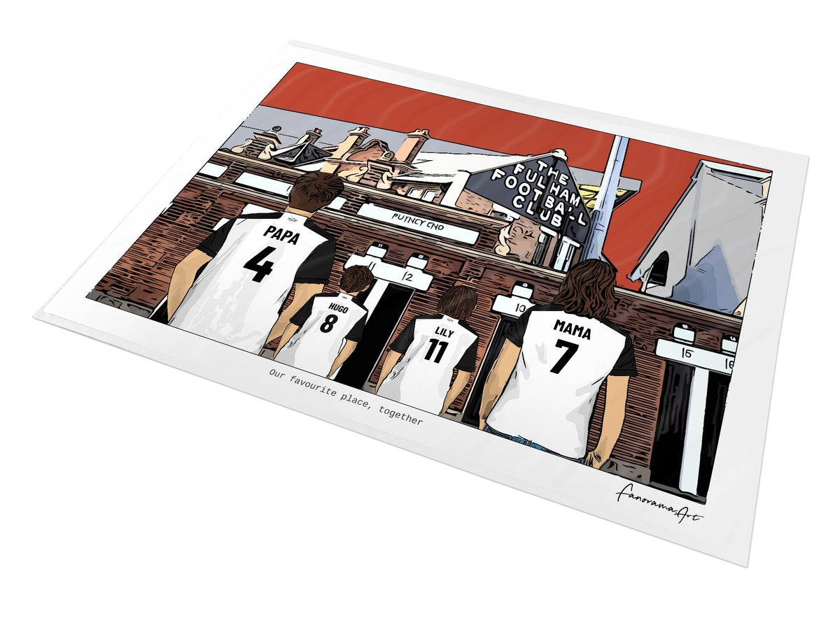 Personalised Fulham print with PAPA, HUGO, LILY, MAMA, Print at Craven Cottage.