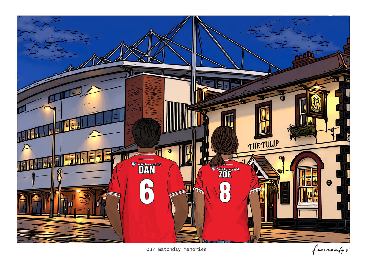 Personalised Wrexham digital artwork with DAN, ZOE, stadium at night at Racecourse Ground.