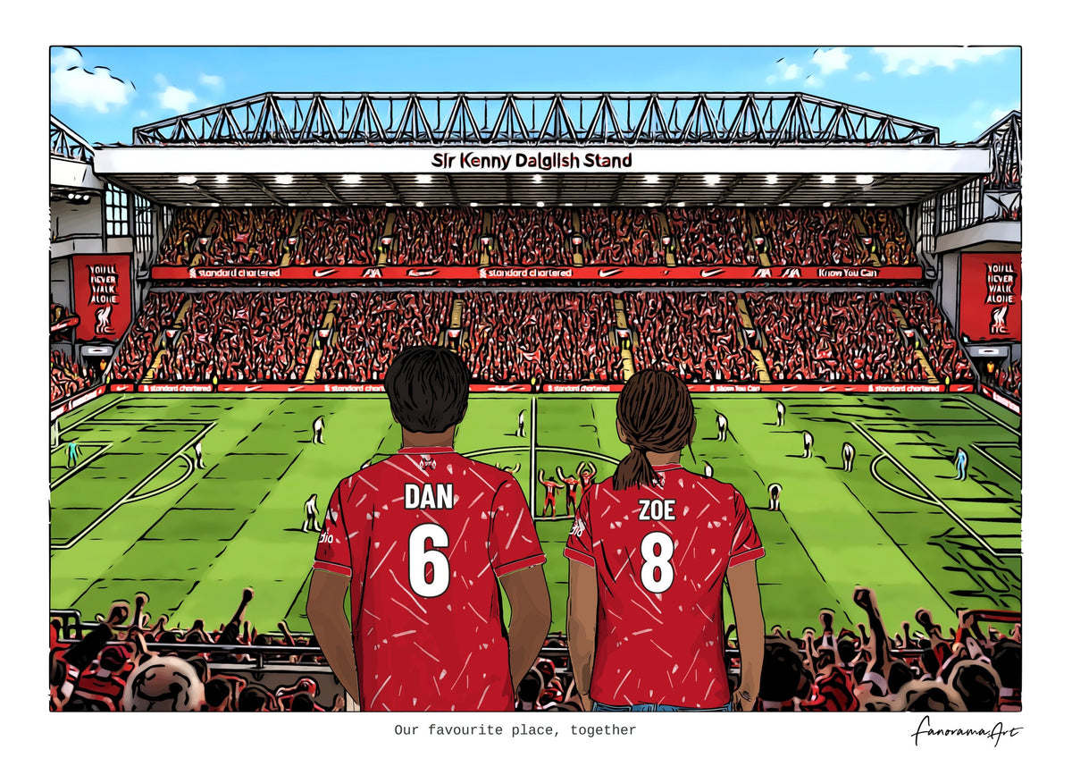 Personalised Liverpool digital artwork with DAN, ZOE, in game cheer at Anfield.